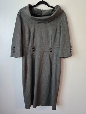 Antonio Melani Herringbone Sheath Dress Grey Cowl Neck Button Detail Size 12